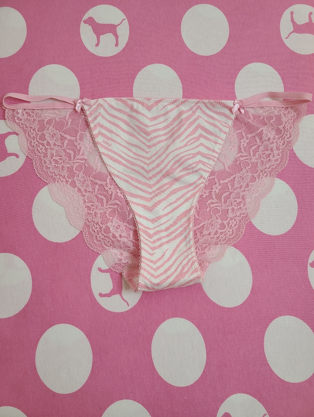 New VTG VS PINK Classic Cotton Low Rise Lace Back String Bikini Panty Size Lg